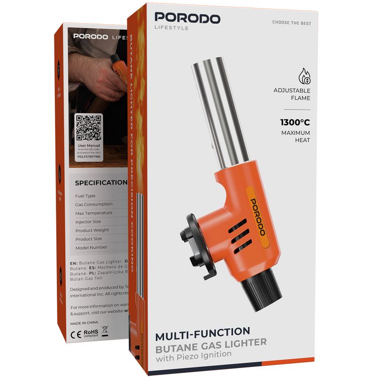 Porodo Multi-Function Butane Gas Lighter with Piezo Ignition, Quick & Easy-to-Use, Adjustable Flame, 1300°C Maximum Temperature, 150g/h Gas Consumption, Light & Safe Design - Black