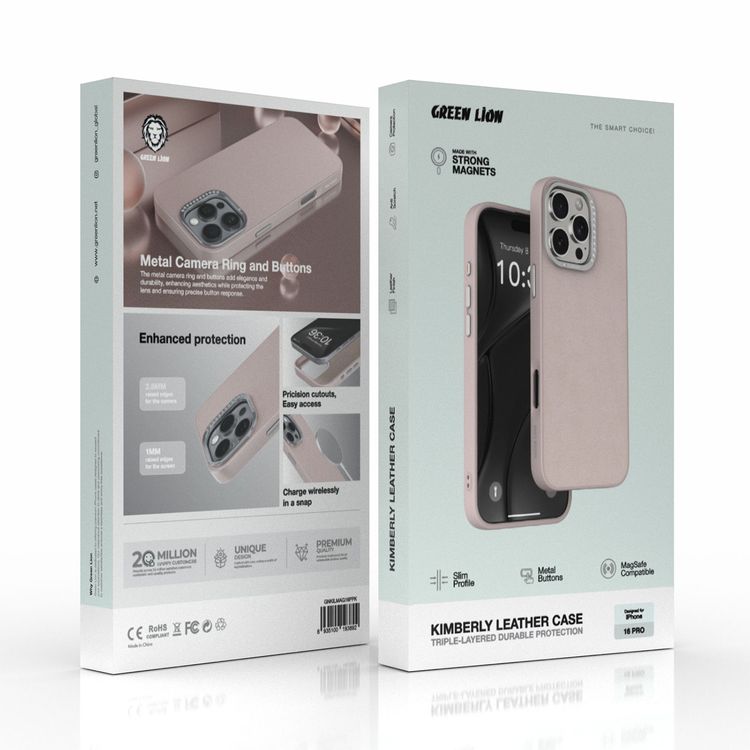 جراب جلدي Green Lion Kimberly لهاتف iPhone 16 Pro، أزرار معدنية، فتحات دقيقة، حماية للكاميرا، متوافق مع MagSafe - وردي 