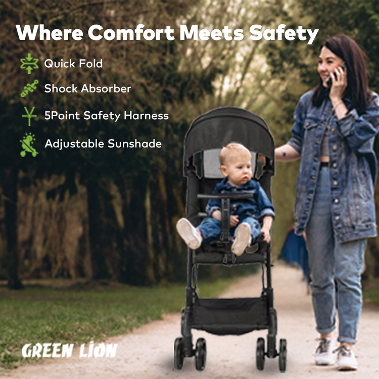 عربة أطفال ليا من جرين ليون، عجلات دوارة 360 درجة وعجلات قفل، مظلة شمسية قابلة للتعديل، ممتصة للصدمات، تصميم قابل للطي، فرامل مزدوجة، سعة تحميل تصل إلى 100 كجم - أسود