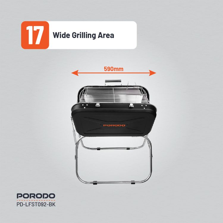 Porodo Lifestyle Portable Folding BBQ Grill with Steel Cooking Mesh, 17-inch Grilling Area, Camping Trip, Backyard Parties & Beach Outings, Easy to Clean, Quick Setup - Black