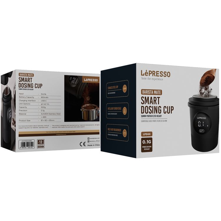 LePresso Smart Dosing Cup for 58mm Portafilter, 850mAh Battery Capacity, 500g Capacity, Multi-Unit Measurement, Intelligent Sensor Scale, Stainless Steel Cup - Black