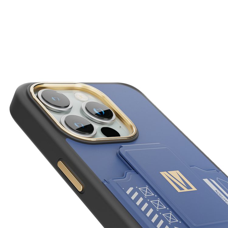 Levelo Morphix Cuero Gripstand Case for iPhone 15 Pro with Cardholder, Multi-Positioning Modes, PU Leather Material, Shock-Proof Edges - Blue
