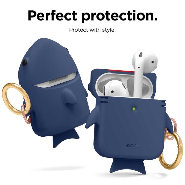 Elago Shark Case Compatible for Apple Airpods, Protect with Style, Durable Premium Silicone, Special Anti-Slip Coating in Cap, Lightweight, Bring It Anywhere w/ You - Jean Indigo