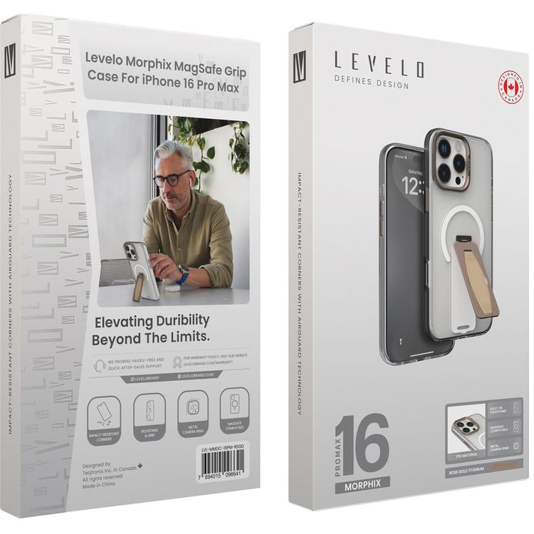 Levelo Morphix MagSafe Grip Case for iPhone 16 Pro Max, Impact Resistant Corners, Metal Camera Ring, Multi Functional Kickstand Premium Bayer TPU, Silicone Grip - Rose Gold Titanium