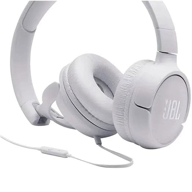 JBL TUNE 500 Wired On-Ear Headphones with Built-in Microphone, Pure Bass Sound, Lightweight and Foldable Design, 1-Button Remote/Mic - White