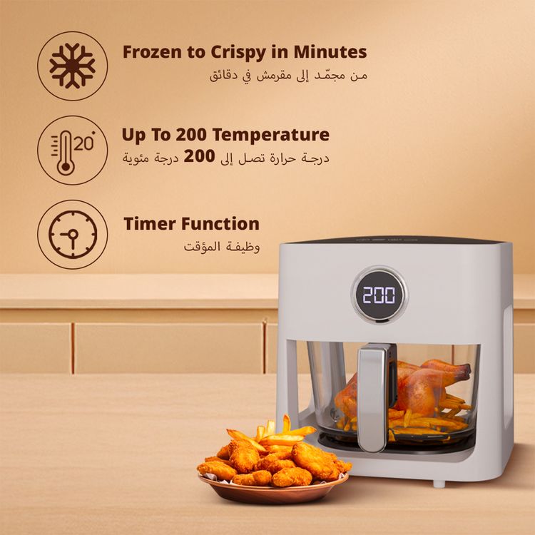 Porodo Lifestyle Glass Pot Air Fryer with 5L Capacity, Up to 60 Minutes Timer, 8 Presets, 360° Panoramic View, 1200W Rated Power, Food-Grade Glass Spot, Touch Panel - White