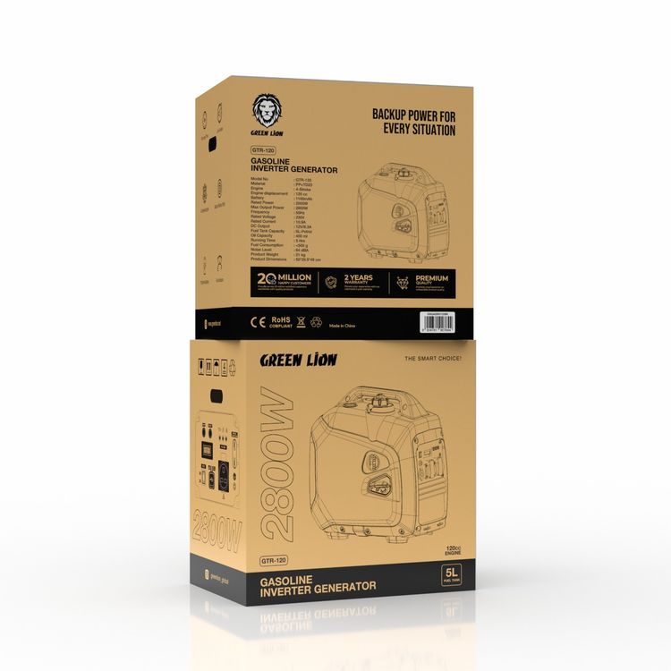 مولد عاكس يعمل بالبنزين من جرين ليون GTR120 بقوة خرج قصوى 2800 وات، وخزان وقود بنزين سعة 5 لتر، ومدة تشغيل 5 ساعات، ومحرك رباعي الأشواط، وسعة زيت 400 مل، وضوضاء منخفضة - أسود