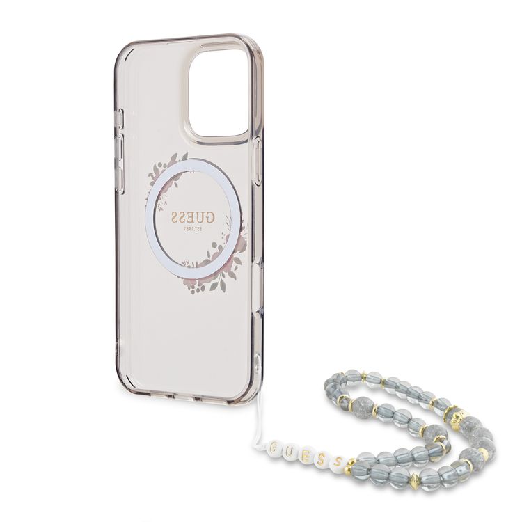 Guess Magsafe IML Hard Case for iPhone 16 Pro with Flower Wreath Design & Pearl Strap, Lightweight, Comfortable Grip, Drop Protection -Black 