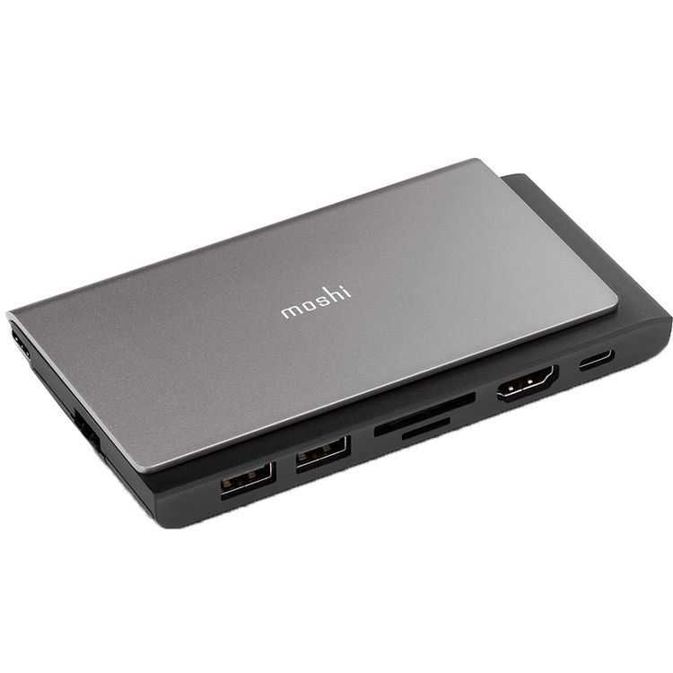 Moshi MSHI-L-084275 Symbus Mini 7-in-1 portable USB-C hub, HDMI with 4KHDR, 70W Power Delivery, USB-C/2 USB-A 5Gbps Data, microSD/SD Card Reader - Space Grey