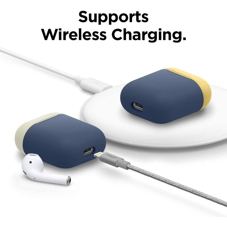 Elago Duo Silicone Case with Apple AirPods Case 1 & 2, Supports Wireless Chargers, Drop Resistant, Dustproof and Absorbing Protective Cover Body Jean Indigo / Top-Classic White, Yellow