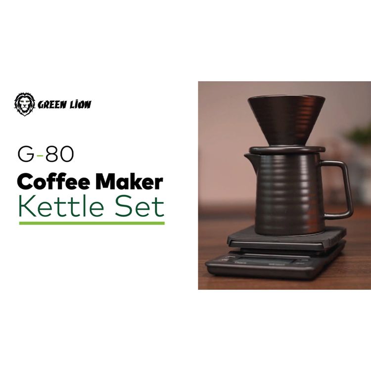 Green Lion G-80 Plus Coffee Maker Set with 40 Pcs Paper Filter, 600mL Black Coffee Kettle Capacity, Glass Dripper, Glass Server & Glass Cups, Bean Grinder, Coffee Scale, Travel Box - Black