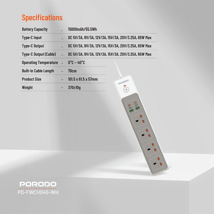 Porodo 4 AC Power Socket with Built-in Safeguards, 3m Power Cord Length, Safety Power Switch, 3000W Rated Power, 65W Total DC Power, PD 35W - White 