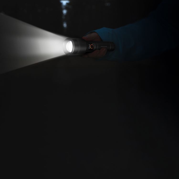 Porodo Rechargeable Flashlight with 500m Coverage, 150 Lumens Brightness, 2000mAh Battery Capacity, Type-C Charging Port, 84 Minutes Working Time, 4 Hours Charging Time, 500m Beam Distance, Multiple Mode Operation - Gray 