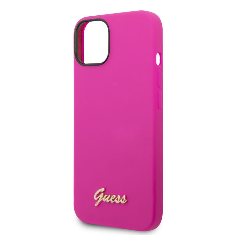 Guess Liquid Silicone Case With PC Camera Outline & Script Metal Logo - iPhone 14 Plus - Fuchsia