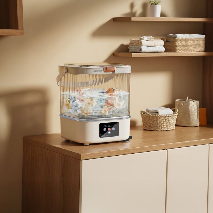 Green Lion Portable Mini Washing Machine with 12L Washing Capacity, Transparent Wash Bucket, Delicate Fabric Care, One-Button Open, Portable Carry Handle, Anti-Slip Base, Detachable Drain Basket, Fast Wash Cycles, Energy-Efficient Power, Multi-Scene Use, Clear Status Display - White