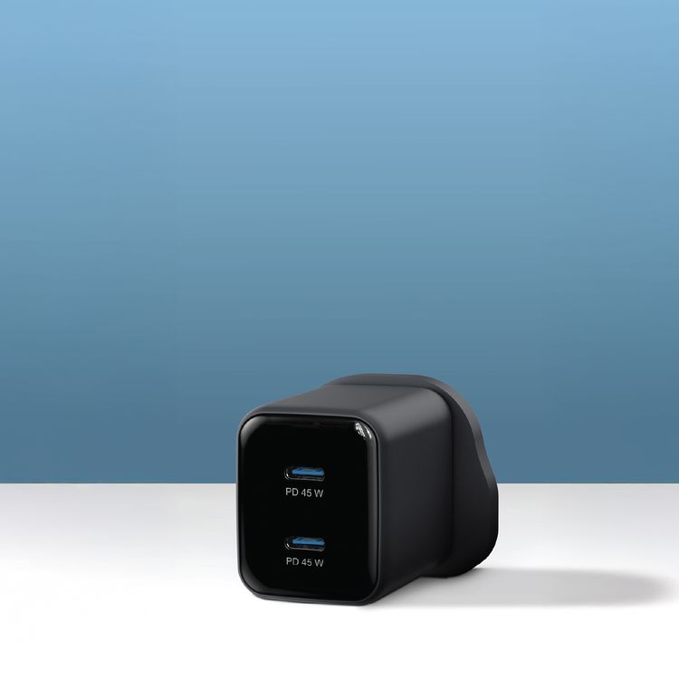 Powerology Volt-X 45W Dual USB-C Port GaN Wall Charger with Fast Charging Speed, USB-C Output Ports, USB-C to USB-C Cable Included, Wide Compatibility, Compact Travel Size, Universal Protocol Support - Black