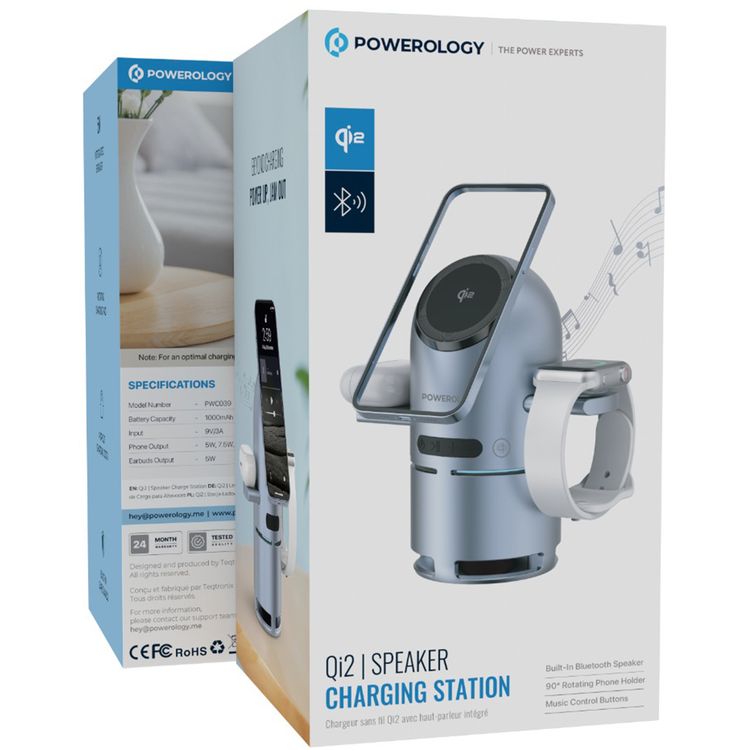 Powerology Qi2 Speaker Charge Station with Pop-Out Charging Dock, 15W Maximum Phone Output, 1000mAh Battery Capacity, Bluetooth Version 5.3, Built-in Safeguards - Gray