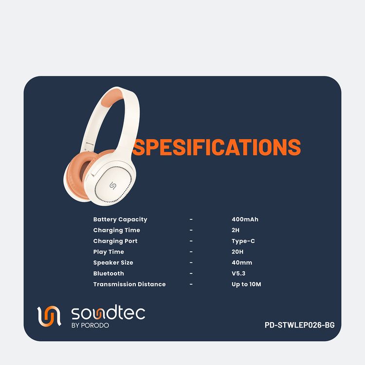 Porodo Soundtec Nova Wireless Headphone, 400mAhBattery Capacity, 2HCharging Time, V5.3Bluetooth, 20H  Play Time - Beige
