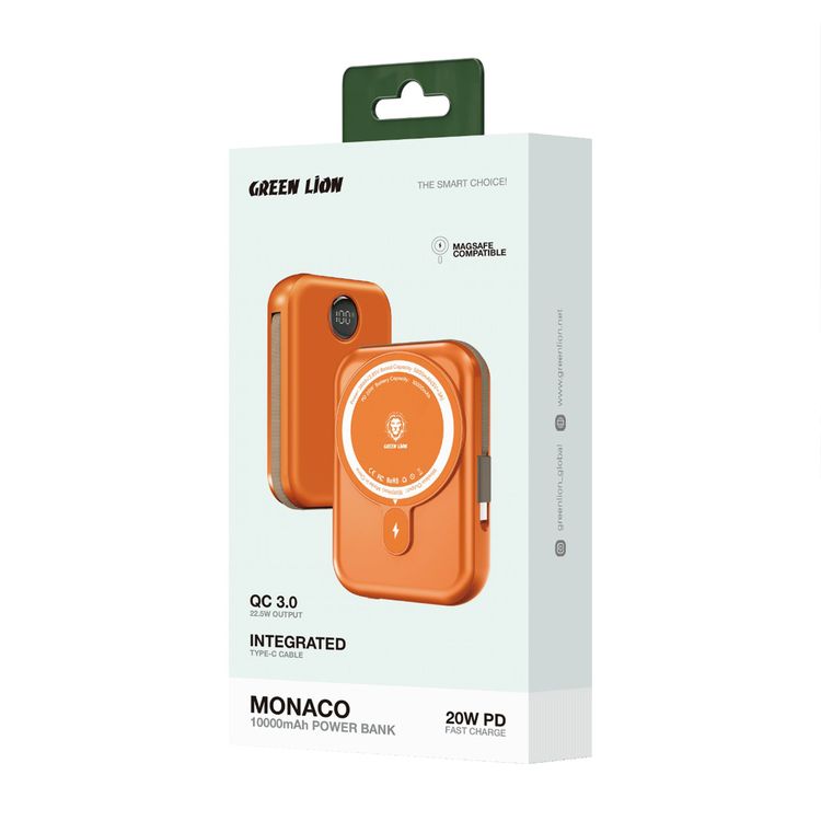Green Lion 10000mAh Monaco MagSafe Power Bank with Built-in Type-C Cable, 20W Power Delivery, LCD Power Indicator, 15W Wireless Output, Smart Chip - Orange