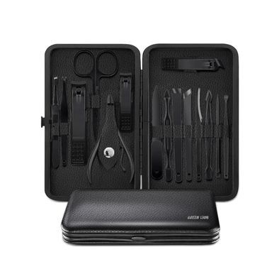  مجموعة أدوات مانيكير وباديكير 15 في 1 من غرين ليون، مجموعة مقص أظافر من جلد البولي يوريثان المقاوم للصدأ ، مجموعة أدوات غير قابلة للانزلاق ، مجموعة أدوات تجميل محمولة للسفر للجنسين ، العناية بالوجه والبشرة والأظافر - أسود