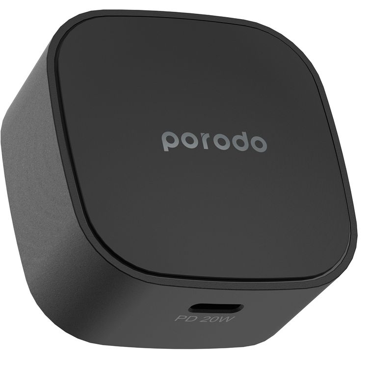 Porodo Super-Compact Fast Charger with 20W USB-C Power Delivery, Overcurrent Protection, UK 3-Pin Plug, Fire Retardant Material, 0%-60% Charge in 30 Minutes - Black