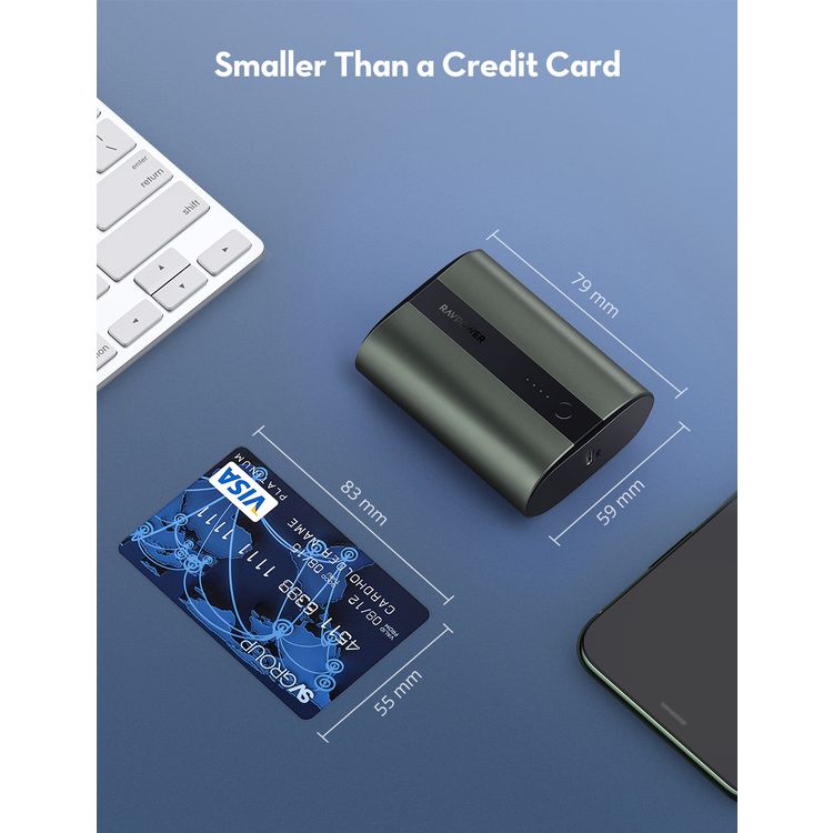 RAVPower 2-Port PD Pioneer Mini Power Bank 10000mAh 18W Fast Charging, Pocket Size Portable Charger Design, USB-C Universal Port, Anti-Scratch Metal Casing