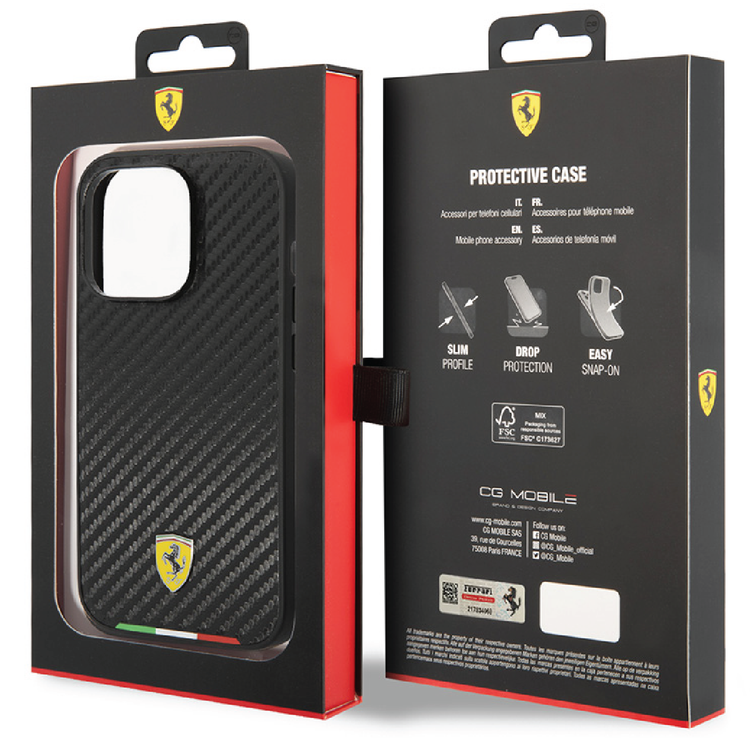 Ferrari HC PU Carbon Effect Case with Italian Flag Line iPhone 14 Plus Compatibility - Black