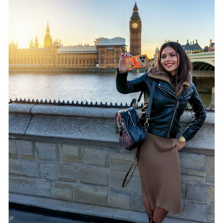 Levelo Vallo PU Leather Case for iPhone 17 Pro Max with Embroidery London Finish, Comfortable Hold, Durable PU Leather, Raised Bezels for Camera and Screen, True Microfiber Interior Lining, Scratch & Wear Resistant, Shock-Resistant Bumper - Sunrise Orange