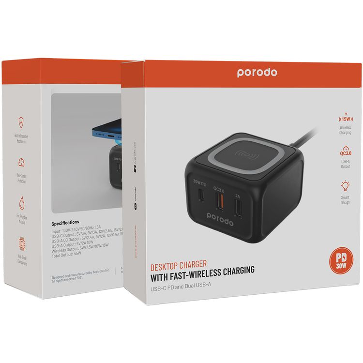 Porodo Triple Ports Fast Wireless Charger with 30W Power Delivery, Desktop Charging Compatibility, 15W Wireless Charging, Overcurrent Protection, Fire Retardant Materials - Black