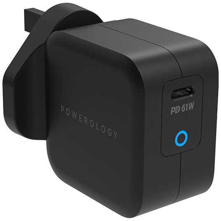 Powerology Ultra-Compact PD Charger with 61W Power Delivery, 100% Charge in 2 Hours, UK 3-Pin Plug, Built-in Safeguards, Advanced GaN Technology - Black