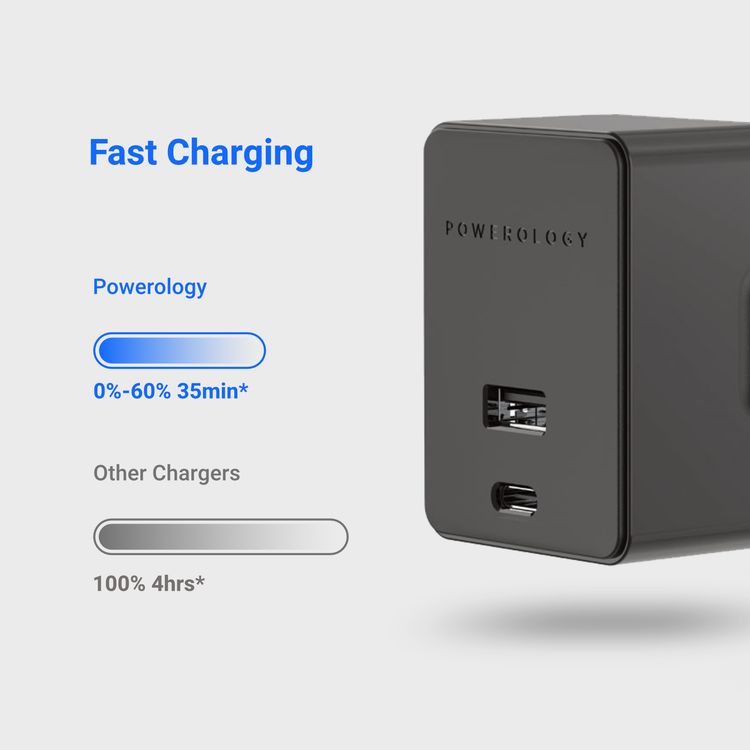 Powerology Ultra-Quick PD & QC Charger Dual Ports 32W Simultaneous Fast Charging Wall Charger with 1.2m/4ft USB-C to Lightning Cable (Black)