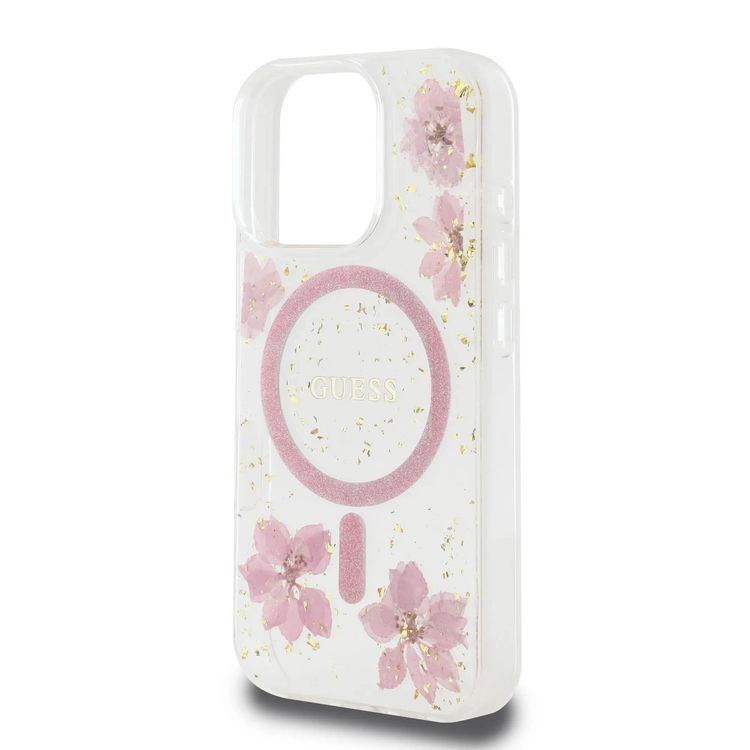 Guess MagSafe Hard Case with Resin Flowers Design for iPhone 16 Pro, Drop protection, Comfortable Grip - Pink