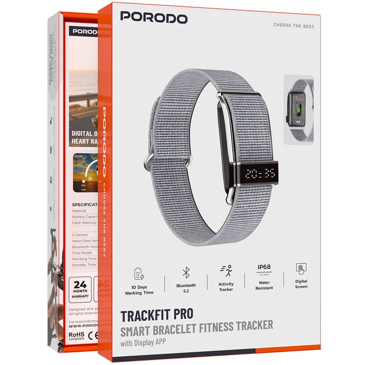 Porodo Trackfit Pro Smart Bracelet Fitness Tracker with Display App, 10 Days Working Time, 145mAh Battery, IP68 Water Resistance Level, Activity Tracker, Health Monitoring, Magnetic Charging - Silver