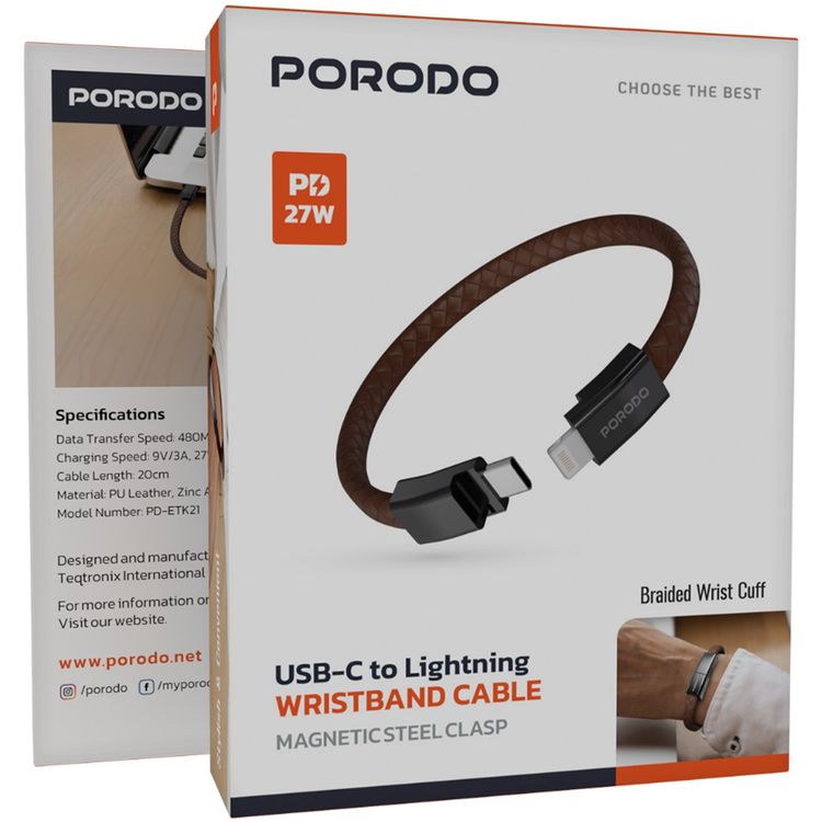Porodo USB-C to Lightning Wristband Cable with Magnetic Steel Clasp, 27W Power Delivery, 480Mbps Data Transfer Speed, Wearable Design, 20cm Cable Length, PU Leather & Zinc Alloy Material - Brown