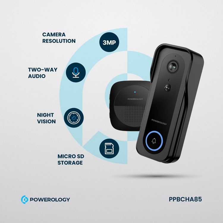 Powerology Smart Camera Doorbell with 3MP Camera Resolution, 5200mAh Battery Capacity, 9 Hours Charging Time, 3 to 8 Months Battery Life, Two-Way Audio, Night Vision - Black