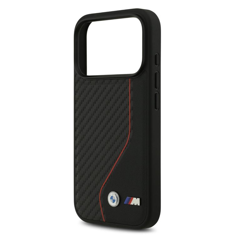 BMW PU Leather & Carbon Case with Colored Line Stitch for iPhone 17 Pro Max, Drop Protection, MagSafe Compatible, Sustainable Packaging, Easy Snap-On Design, Slim Profile - Black / Red