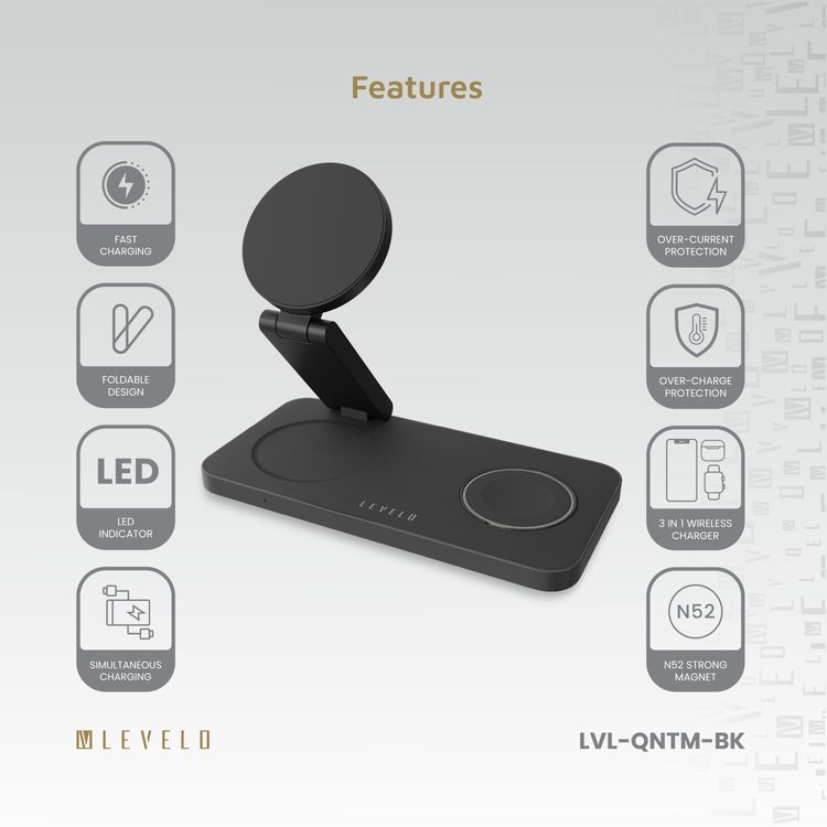 Levelo Quantum 3-in-1 Wireless Charger with 15W Phone Output, 5W AirPods Output, 3W iWatch Output, Strong N52 Magnet, LED Indicator, Compatible with MagSafe, Over Temperature Protection, Simultaneous Charging, Over Voltage Protection, Fast Charging, Foldable Design - Black