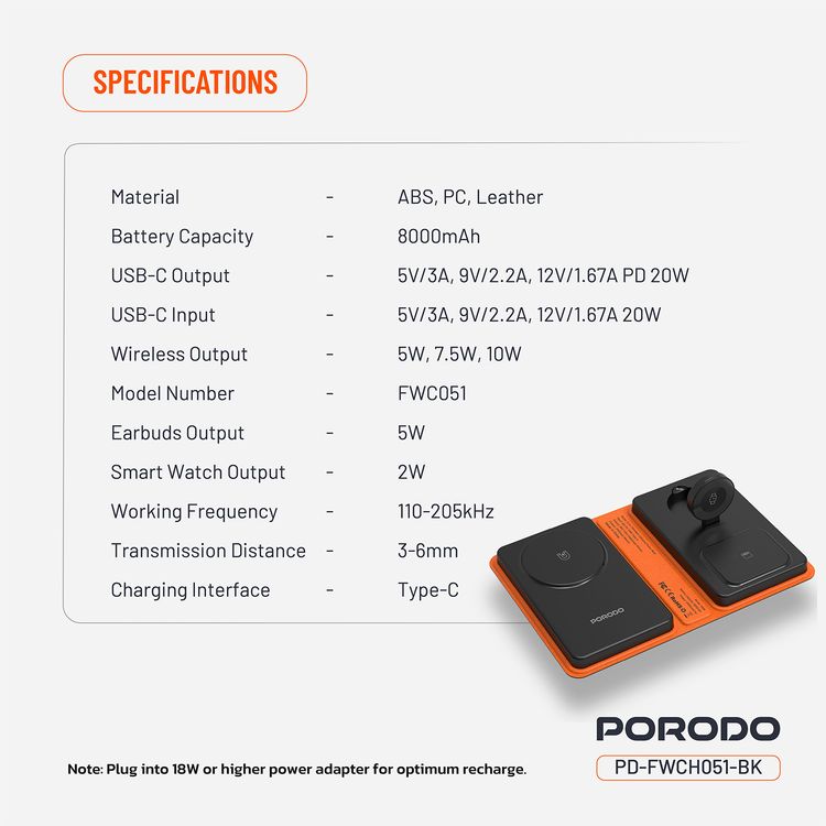 Porodo 8000mAh Folding 4-Device Charger with 10W Wireless Output, Fast Charging Support, 20W Power Delivery, Folding Design, Wide Compatibility - Black