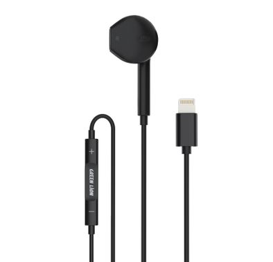 Green Lion Wired Mono Earphone with Lightning Connector, Control Buttons, 1.2m Cable Length, TPE & Copper Material, 14.2mm Speaker Size - Black