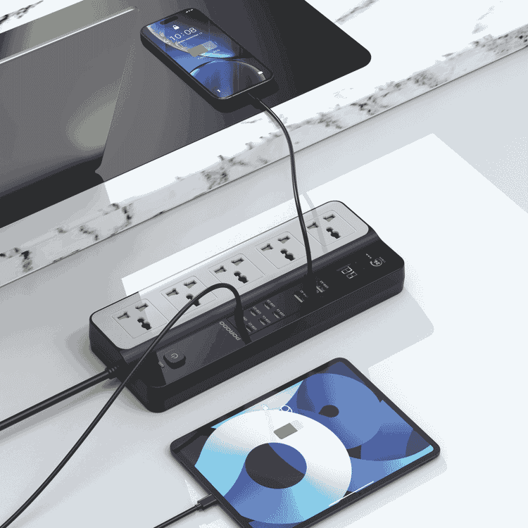 Porodo 3000W Universal Power Strip with 5×AC Sockets, 6×Type-C Ports, 3×USB-A Ports with QC 20W, 35W Power Delivery, 24-Hour Timer, Built-in Surge Protection, Fireproof PC Material, UK 3-Pin Plug with 3m Cord Length, Multi-Device Charging - Black