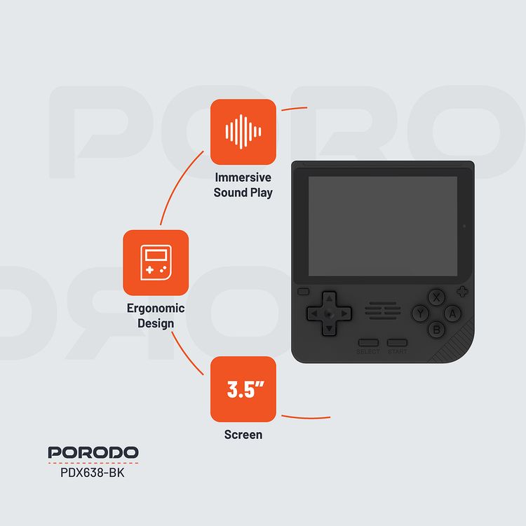 وحدة تحكم ألعاب Porodo Gaming Retro Arcade، محاكي ثلاثي الأبعاد، تصميم مريح، تشغيل صوتي غامر، شاشة IPS مقاس 3.5 بوصة، عمر بطارية 6 ساعات، بطارية 3000 مللي أمبير في الساعة - أسود