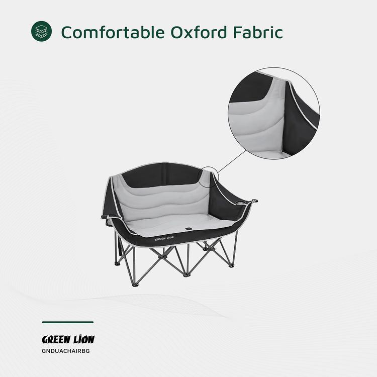 Green Lion Double Camping Chair, 600D Oxford Fabric + Steel Pipe Material, Camping Friendly, Safety Lock, Foldable Design, Easy Setup, Juice Glass Holders  - Gray / Black