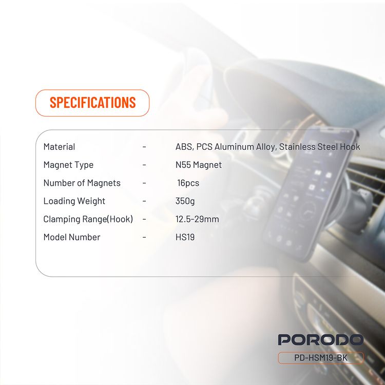 Porodo Magsafe Magnetic Air Vent and Dash Mount with 350g Weight Capacity, Hook, 12.5–29mm Clamping Range, 16 x N55 Magnets, Adjustable Viewing Angle - Black