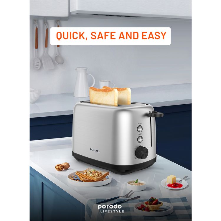 Porodo Lifestyle Golden Brown Toaster with Defrost Function, 6 Browning Options, 750W Power, Aluminum & ABS Material, Breadcrumbs Tray - Black