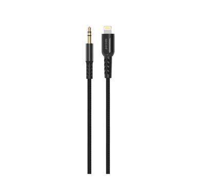 Porodo Lighting to Aux Cable with 1.2m Length, Anti-tangle, Universal Compatibility, 3.5mm Audio Jack, Plug & Play, Braided - Black