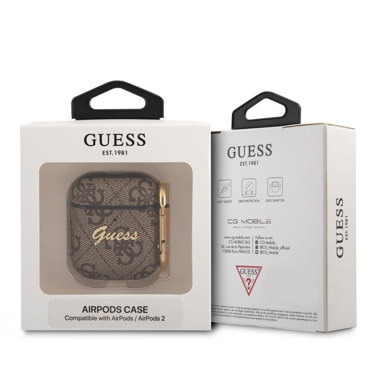 جراب سي جي موبايل من غيس من مادة بولي اليوريثان 4جي مع شعار سكريبت معدني لأجهزة ايربودز 1/2 مقاوم للخدش وغطاء ممتص للصدمات وحماية من السقوط مرخص رسميًا - بني