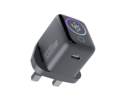 Powerology Voltflow 45W AVS GaN Wall Charger with Smart TFT Display, UK 3-Pin Plug, Rapid Power Delivery, AI Temperature Control, 110-240V Rated Voltage, 1A Rated Current, UK 3-Pin Plug,  25°C to 50°C  Operating Temperature - Gray