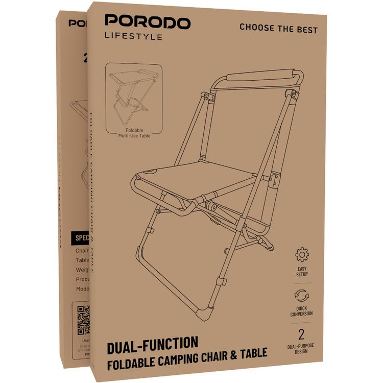 Porodo Dual-Function Foldable Camping Chair & Table, Up to 120kg Chair Load Capacity, Quick Conversion, Easy Setup, Up to 20kg Table Load Capacity, Dual-Purpose Design - Orange