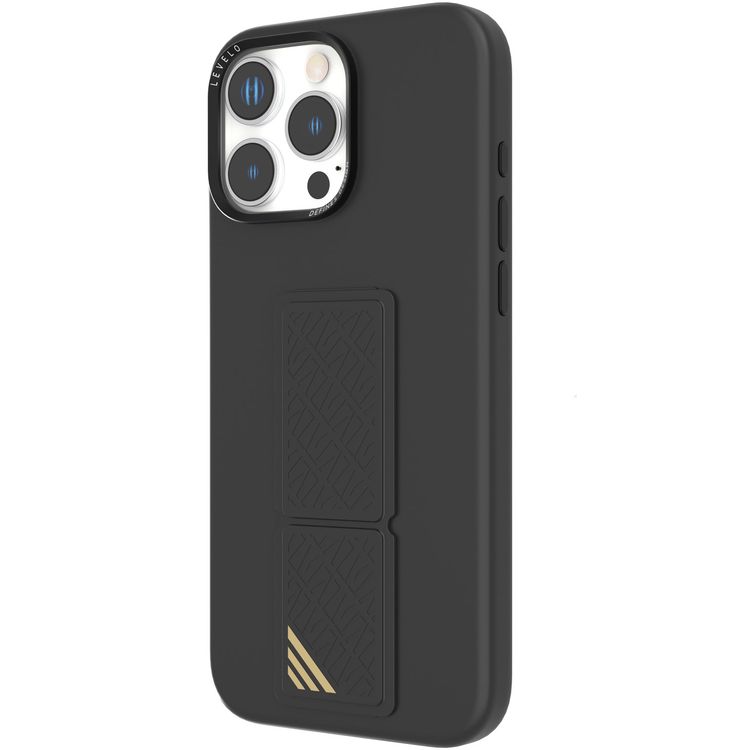 كفر حماية سيليكون Levelo Morphix مع قبضة جلدية لهاتف iPhone 16 Pro، حلقة معدنية للكاميرا، حامل متعدد الوظائف، زوايا مقاومة للصدمات، مواد فائقة المتانة - أسود