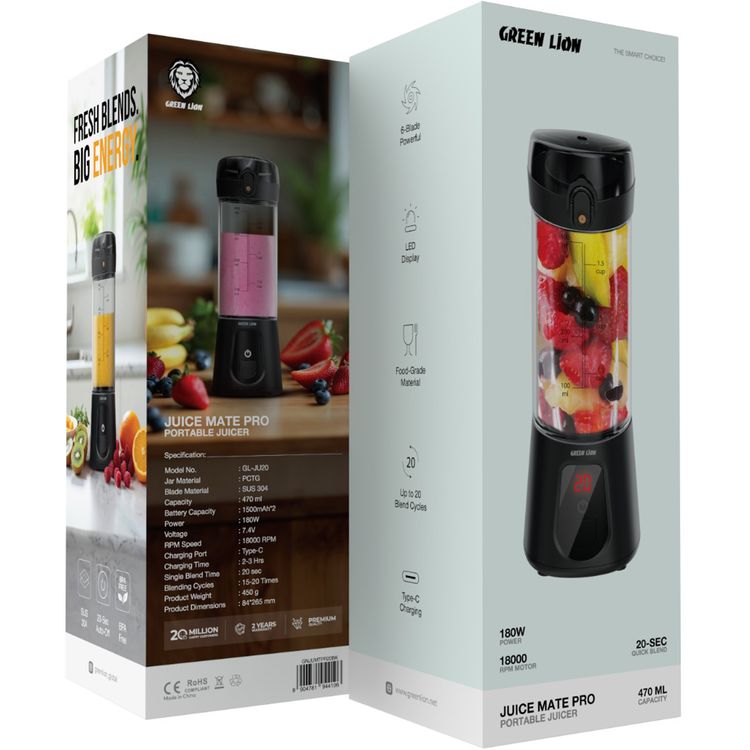 Green Lion Juice Mate Pro Portable Juicer with 470mL Capacity, 6-Blade Design, Food-Grade Material, Up to 20 Blending Cycles, 180W Power, 20 Seconds Single Blend Time, Auto-Off Function, LED Display - Black